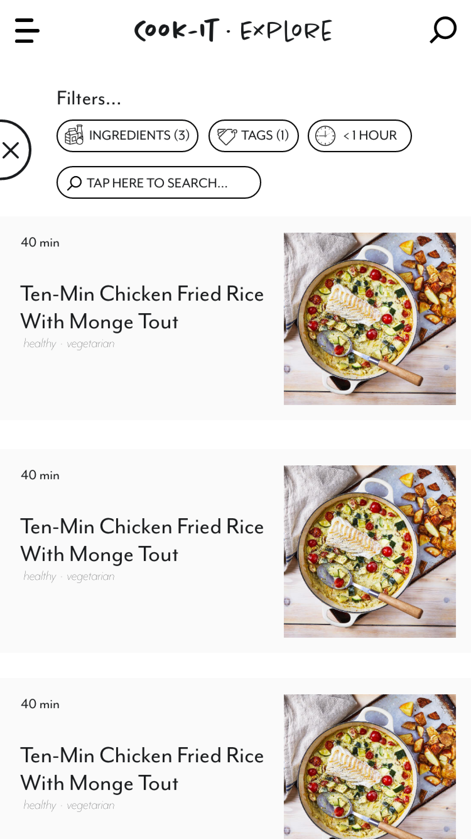 Recipe listings screen